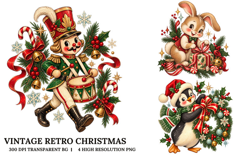 Vintage Retro Christmas Nutcracker Bunny Penguin PNG example image 1