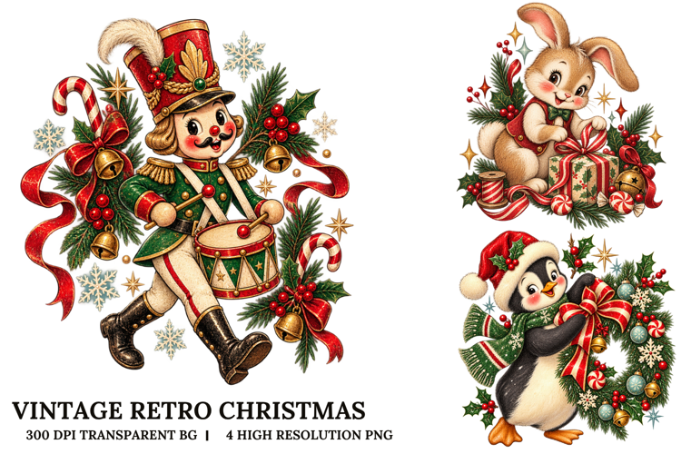 Vintage Retro Christmas Nutcracker Bunny Penguin PNG