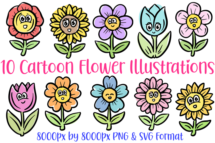 10 Flower Floral Cartoon Clipart Illustrations SVG PNG