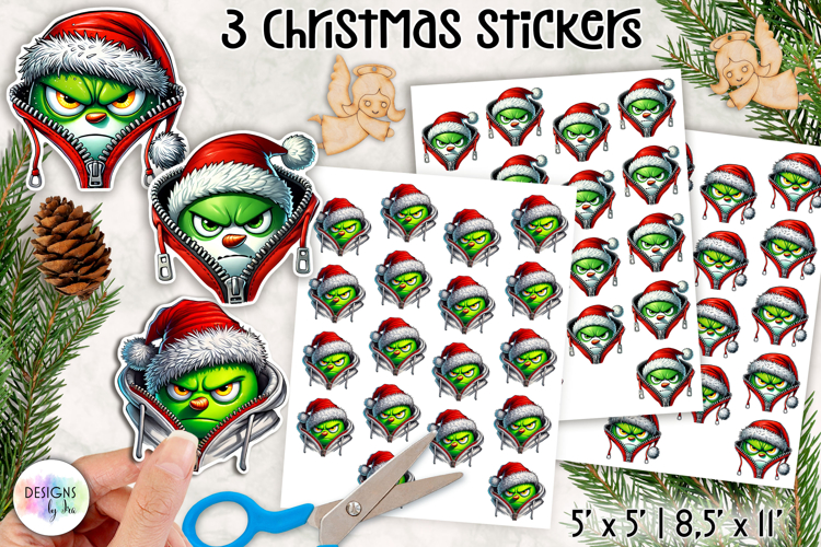 Christmas Grumpy Stickers, Funny Green Character Holiday