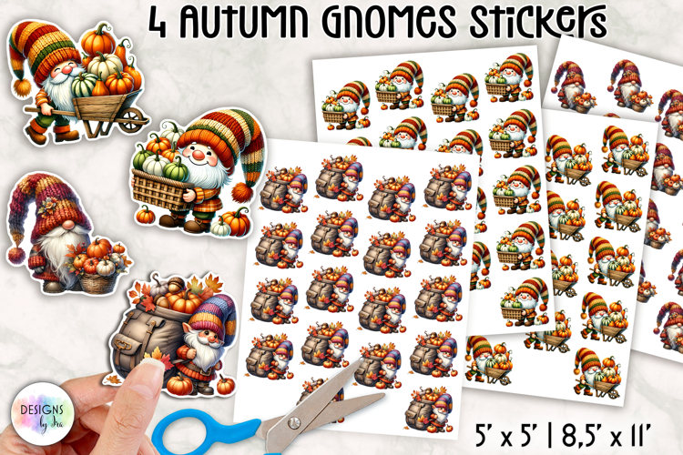 Autumn Gnome Stickers, Cute Fall Harvest Pumpkin and Leaves