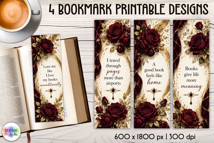 Burgundy Rose Book Lover Printable Bookmark Designs