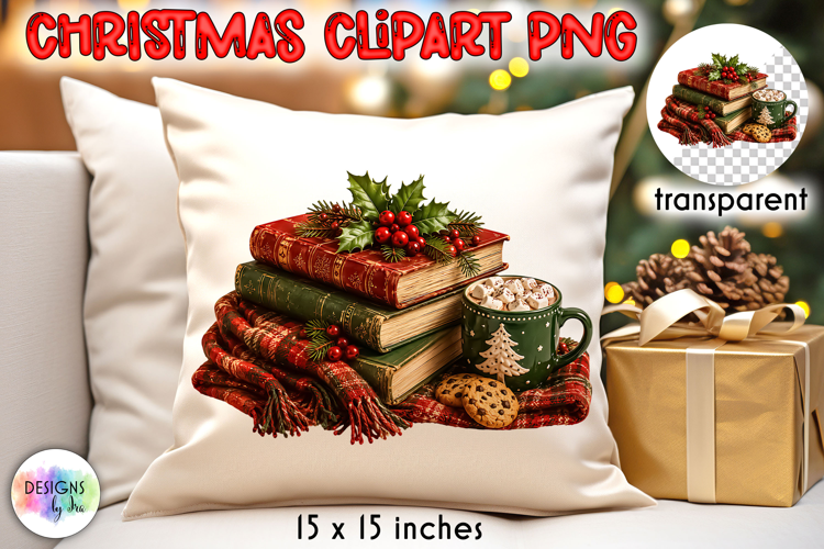 Cozy Christmas Books Cocoa and Plaid Scarf PNG