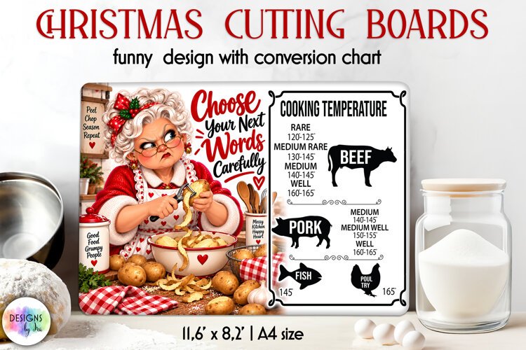 Sassy Mrs Claus Christmas Cutting Board Temperature Chart example image 1