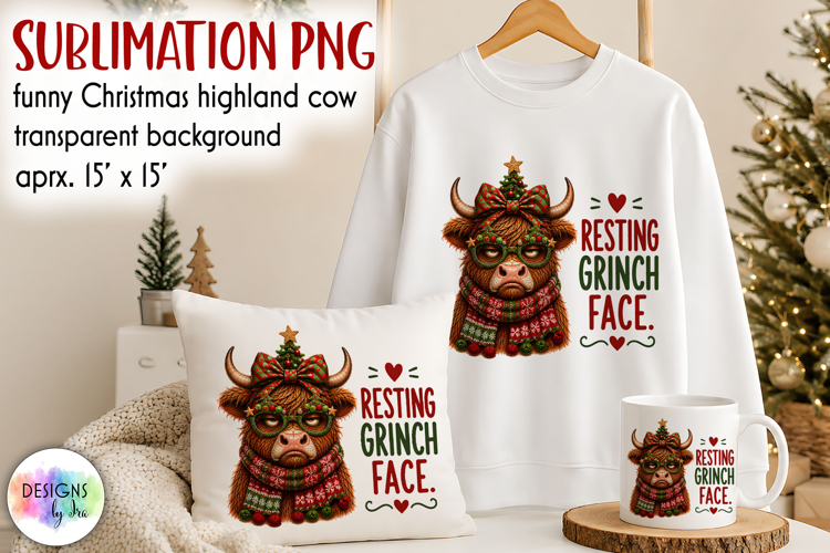 Grumpy Christmas Highland Cow Sublimation PNG