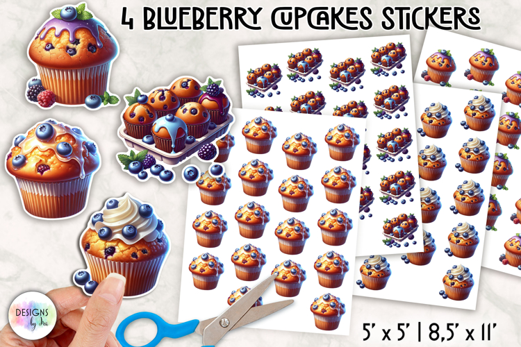 Blueberry Cupcake Printable Sticker, Blueberry Muffin PNG