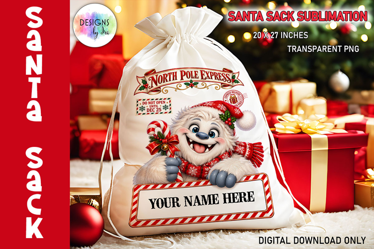 Cute Yeti Santa Sack Christmas Sublimation PNG