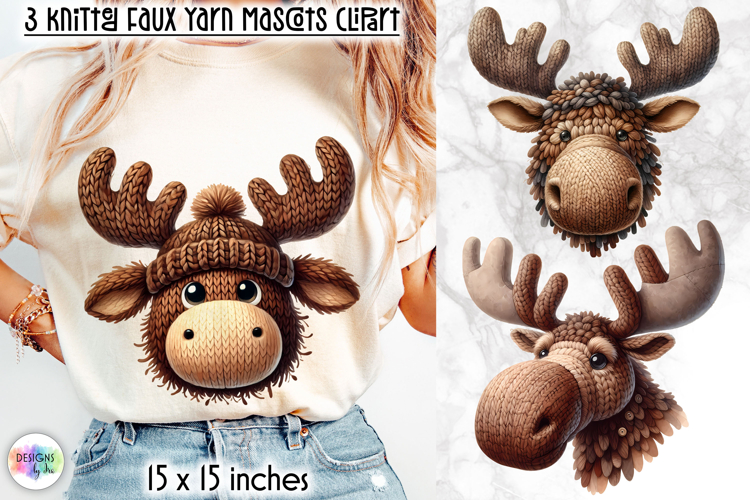 Knitted Moose Clipart, Faux Yarn Plush Moose Mascot Print
