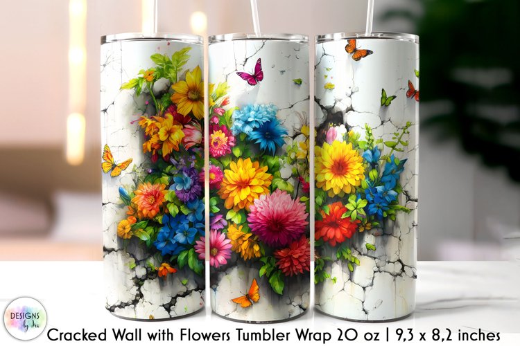 3D Cracked Wall Flowers Tumbler Wrap, Floral Tumbler Design