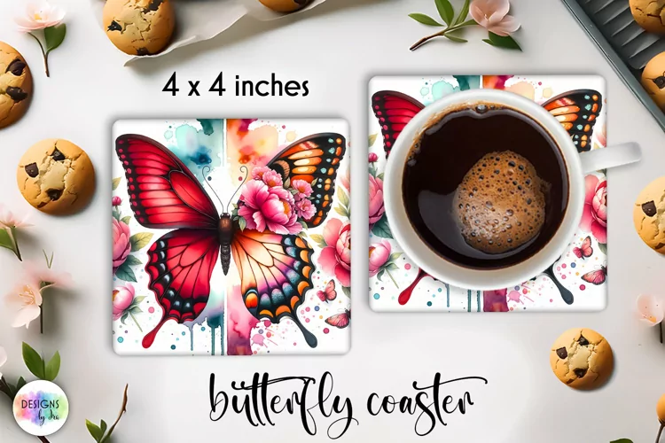 Floral Butterfly Coaster | Watercolour Butterfly Coaster PNG