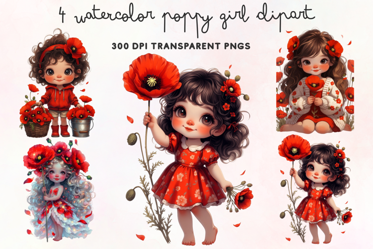 Watercolor Poppy Girl Clipart PNG