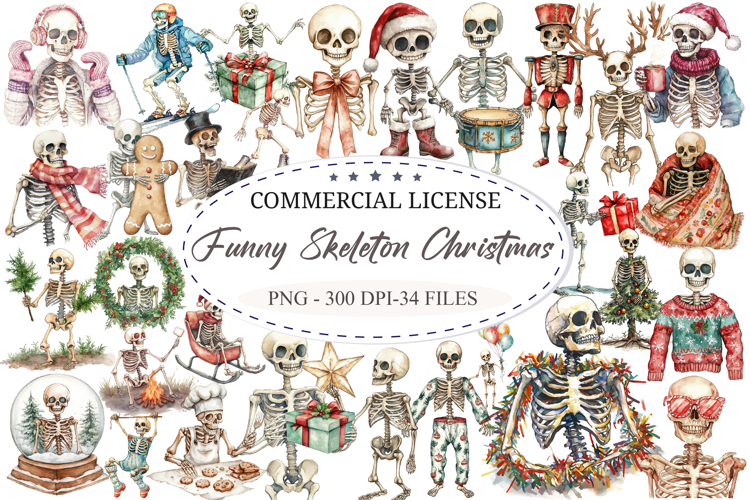 Funny Skeleton Christmas Clipart example image 1