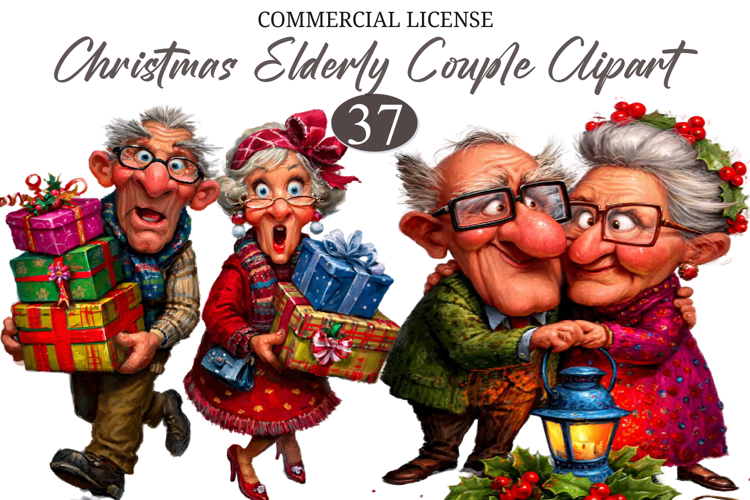 Christmas Funny Elderly Couple Clipart