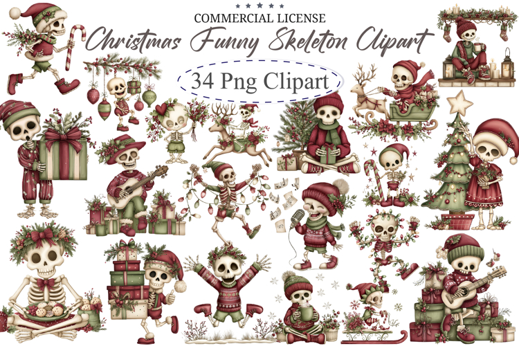 Whimsical Christmas Funny Skeleton Clipart example image 1