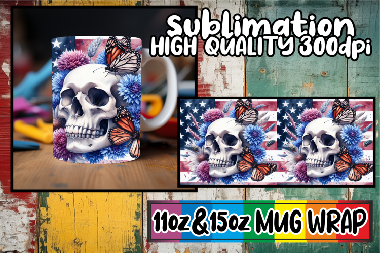 Vibrant escapes 11oz 15oz sublimation wrap, Skull USA