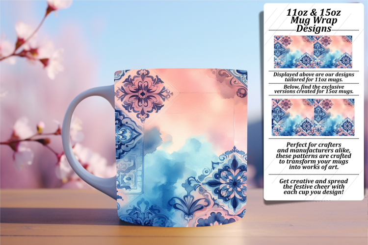Stylish 11oz Mug Wrap Png Template , Watercolor Patter