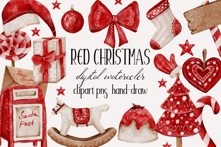 Red Christmas watercolor clipart png hand drawn png