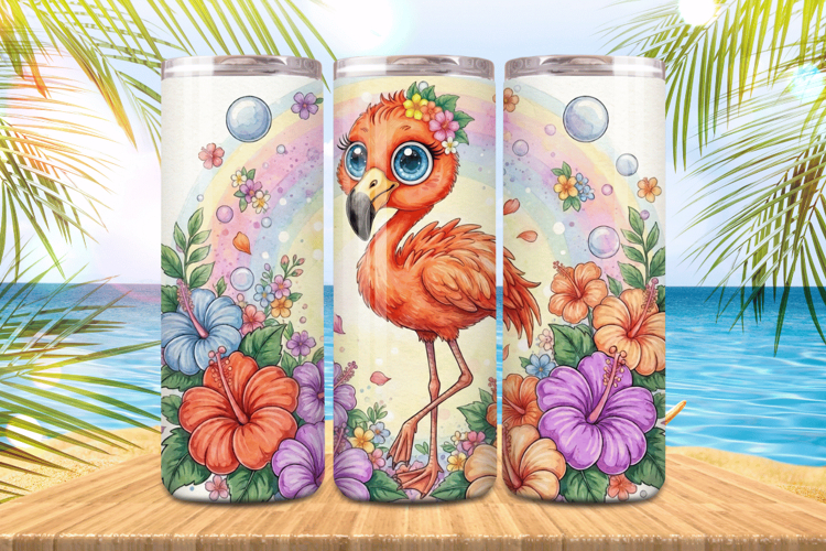 Cute flamingo with hibiscus flowers Tumbler Wrap PNG Sublima