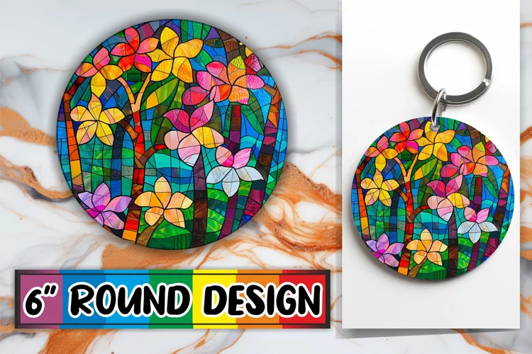 Vibrant Stained Glass Tree Keychain Round Design