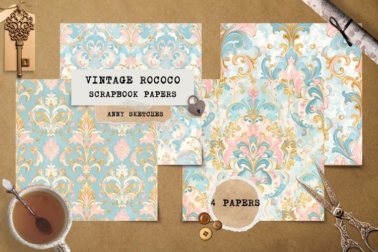 4 Blue Rococo Scrapbook Papers Baroque Junk Journal Ephemera