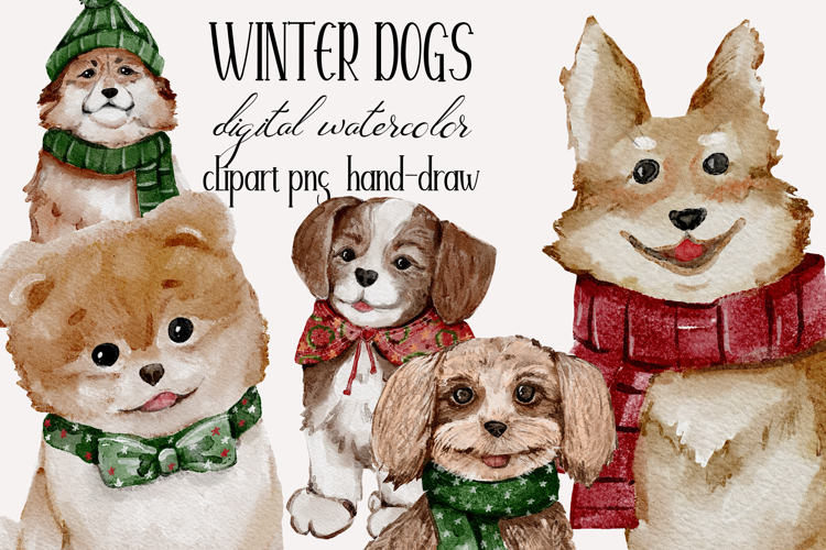 Cute winter dogs watercolor clipart png
