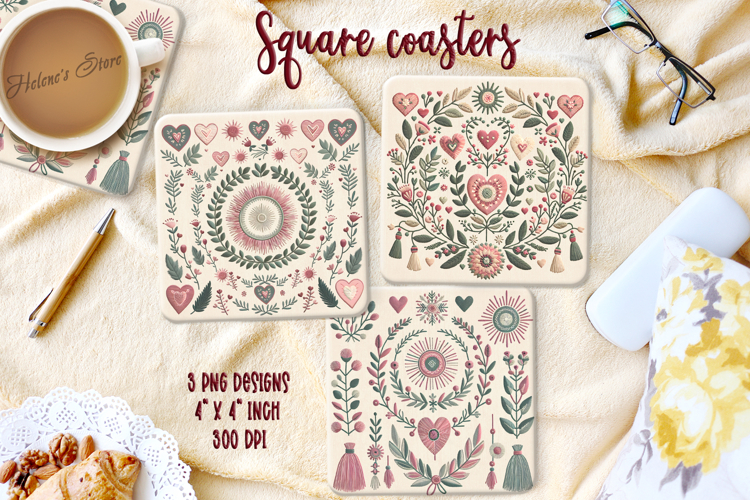 Pink boho floral pattern square coaster sublimation design