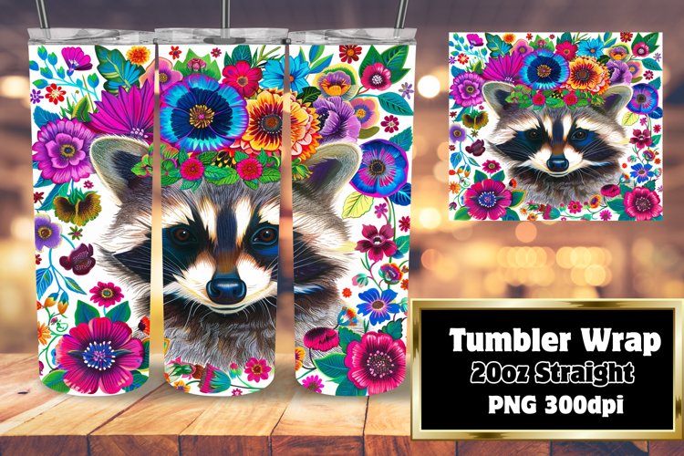 Whimsical Raccoon   Flower Tumbler Wrap - 20oz