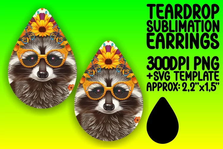 Teardrop Earrings Sublimation: Raccoon & Vibrant Flowers