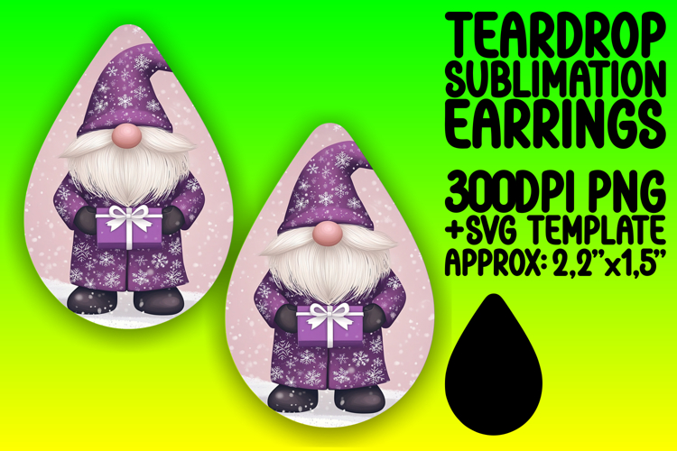 Stylish Teardrop Earrings Sublimation Template , Gnome