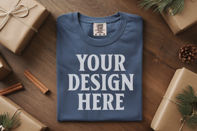 Blue Jean Comfort Colors 1717 Christmas Folded T-Shirt Mock