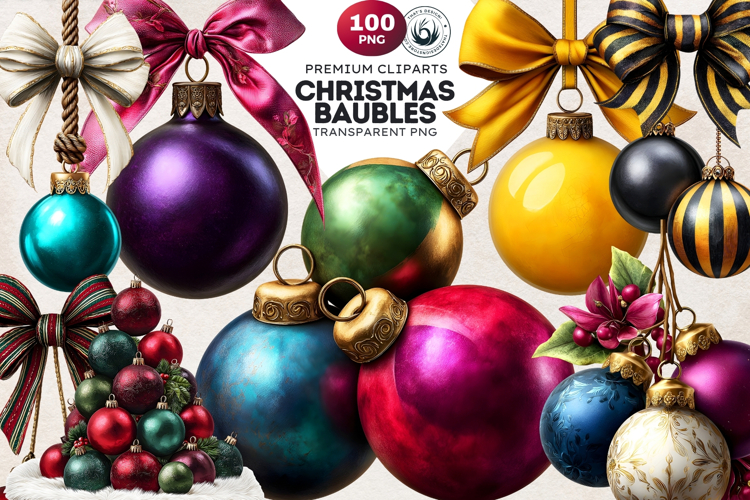 Christmas Baubles Clipart, Festive Holiday Ornaments PNG