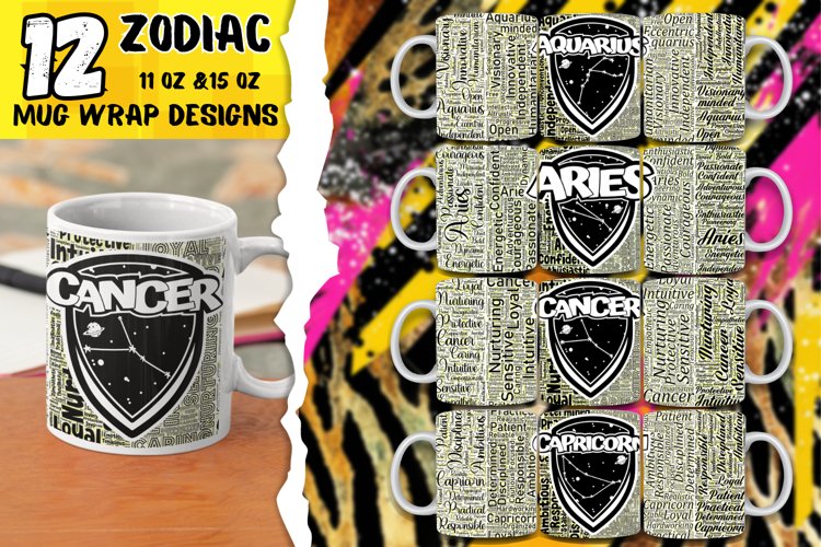 12 Zodiac Mug Wrap Bundle, Zodiac Signs Sublimation, Afro