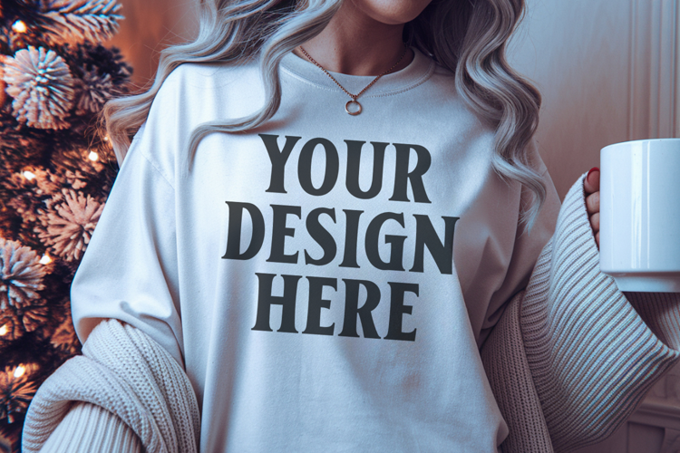 White Comfort Colors 1717 Christmas Shirt Mockup, Cozy