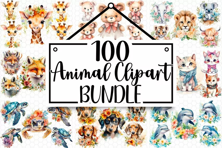 100 Cute Animals Bundle - Watercolor Clipart PNGs