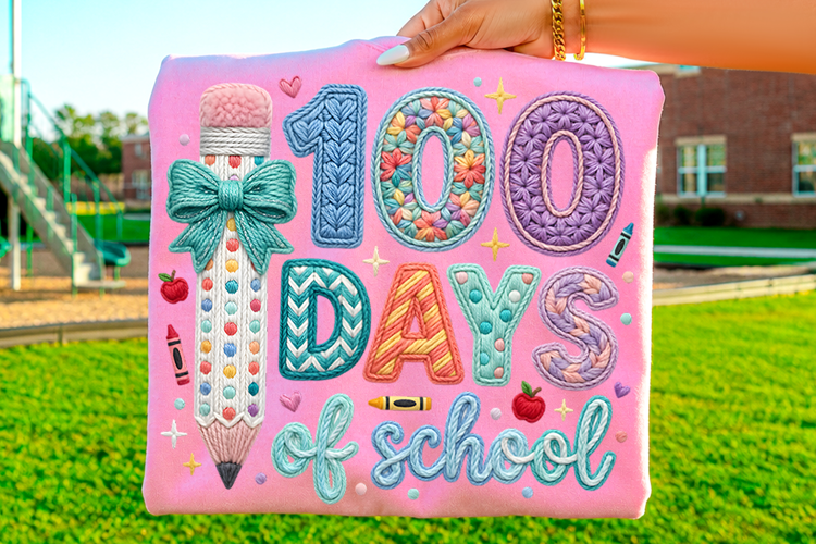 100 Days of School Bow Pencil Sublimation T-Shirt Design PNG