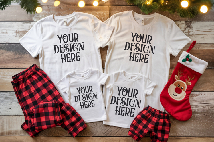 Christmas Family Matching Shirt Mockup | Cozy Boho Flat Lay