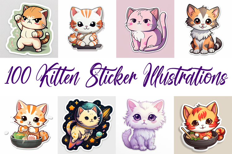 100 Kitten Cat Sticker Illustrations Designs JPG