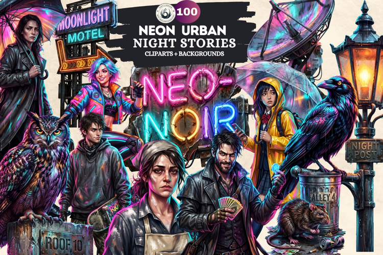 Neon Urban Night Stories Cyberpunk Clipart and Backgrounds