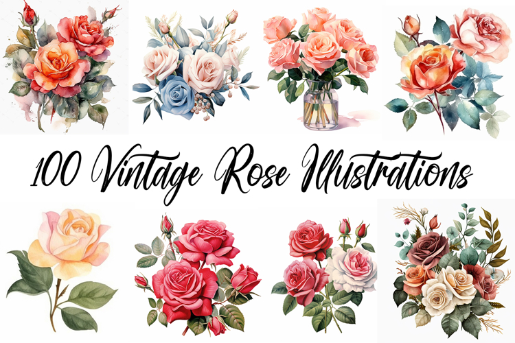100 Vintage Roses Illustration Wedding Flowers Collection