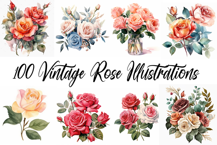 100 Vintage Roses Illustration Wedding Flowers Collection