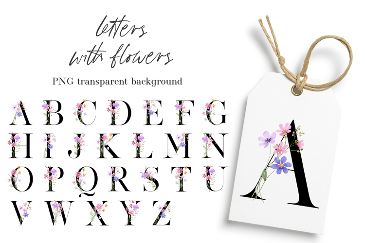 Alphabet, letters,  floral monogram with flowers, PNG file.
