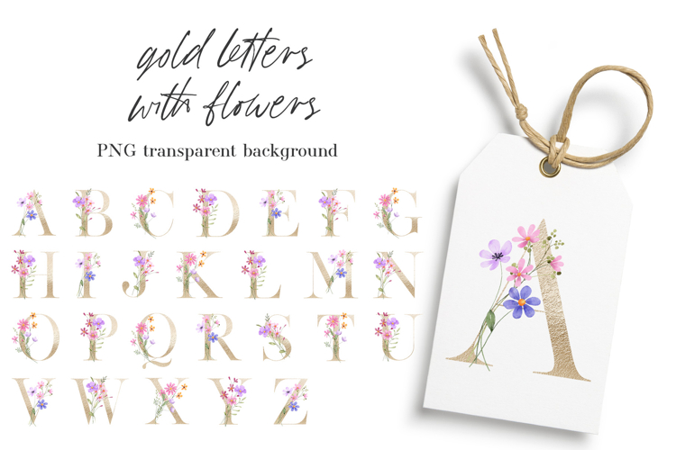 Alphabet, gold letters,  floral monogram with flowers, PNG.