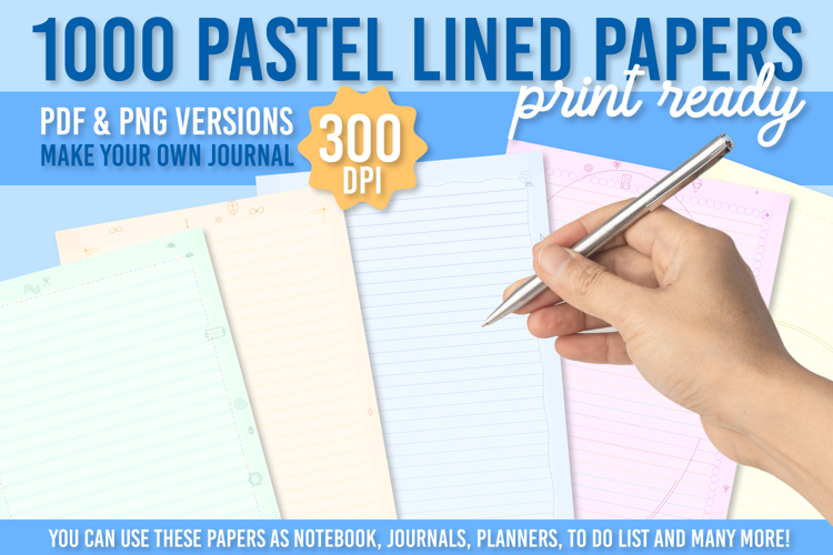 1000 Pastel Printable Lined Paper Bundle, Dotted & Notebook