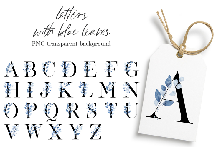 Alphabet, letters, monogram with blue leaves, PNG.
