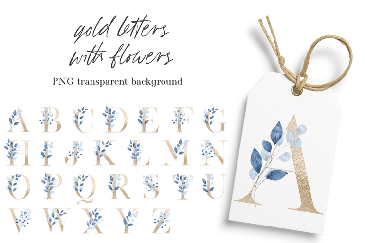 Gold alphabet, letters, monogram with blue leaves, PNG.