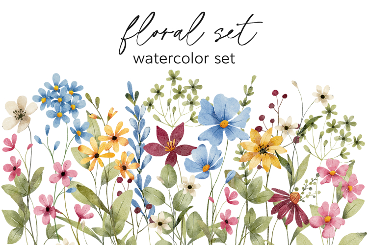 Floral watercolor set. Flowers and leaves clipart, PNG files