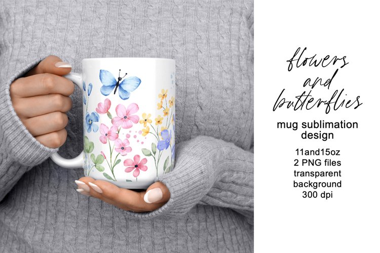 Mug sublimation design with wildflowers and butterflies