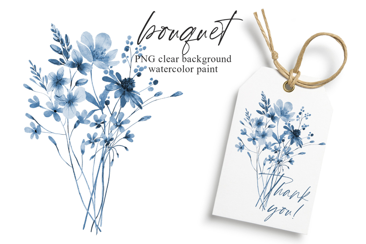 Watercolor blue flowers clipart bouquet of PNG.
