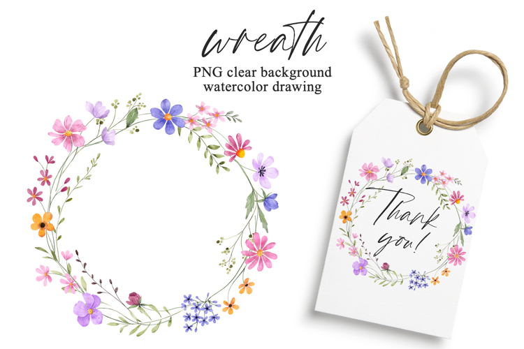 Wreath, watercolor wild flowers, frame, border.