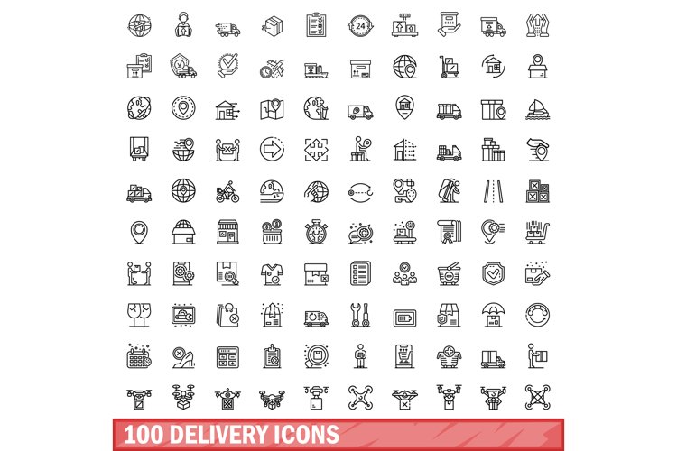 100 delivery icons set, outline style